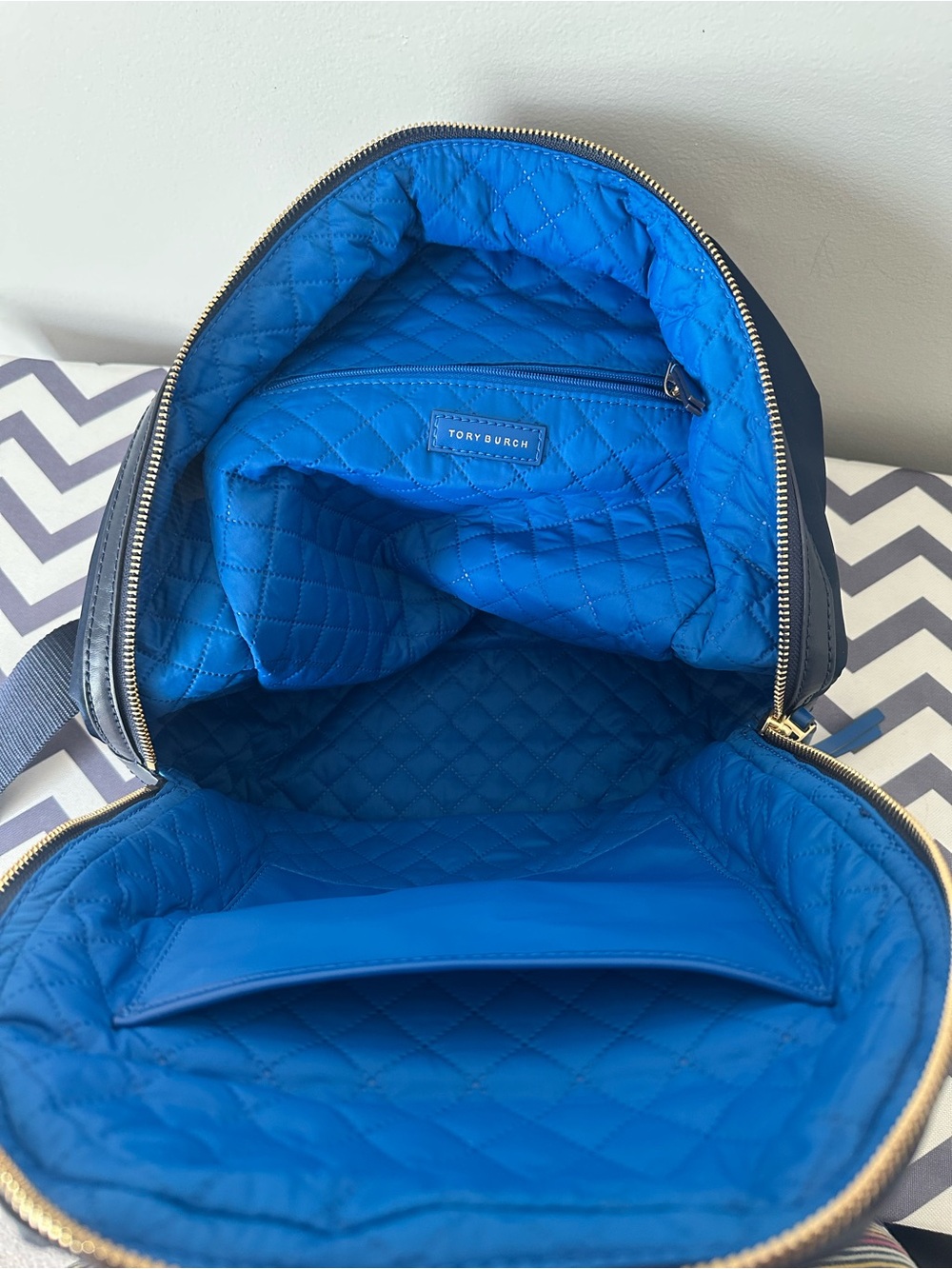 Tory Burch Navy Backpack with Bright Blue Trim and Tan Leather Handle - Picture 11 of 14